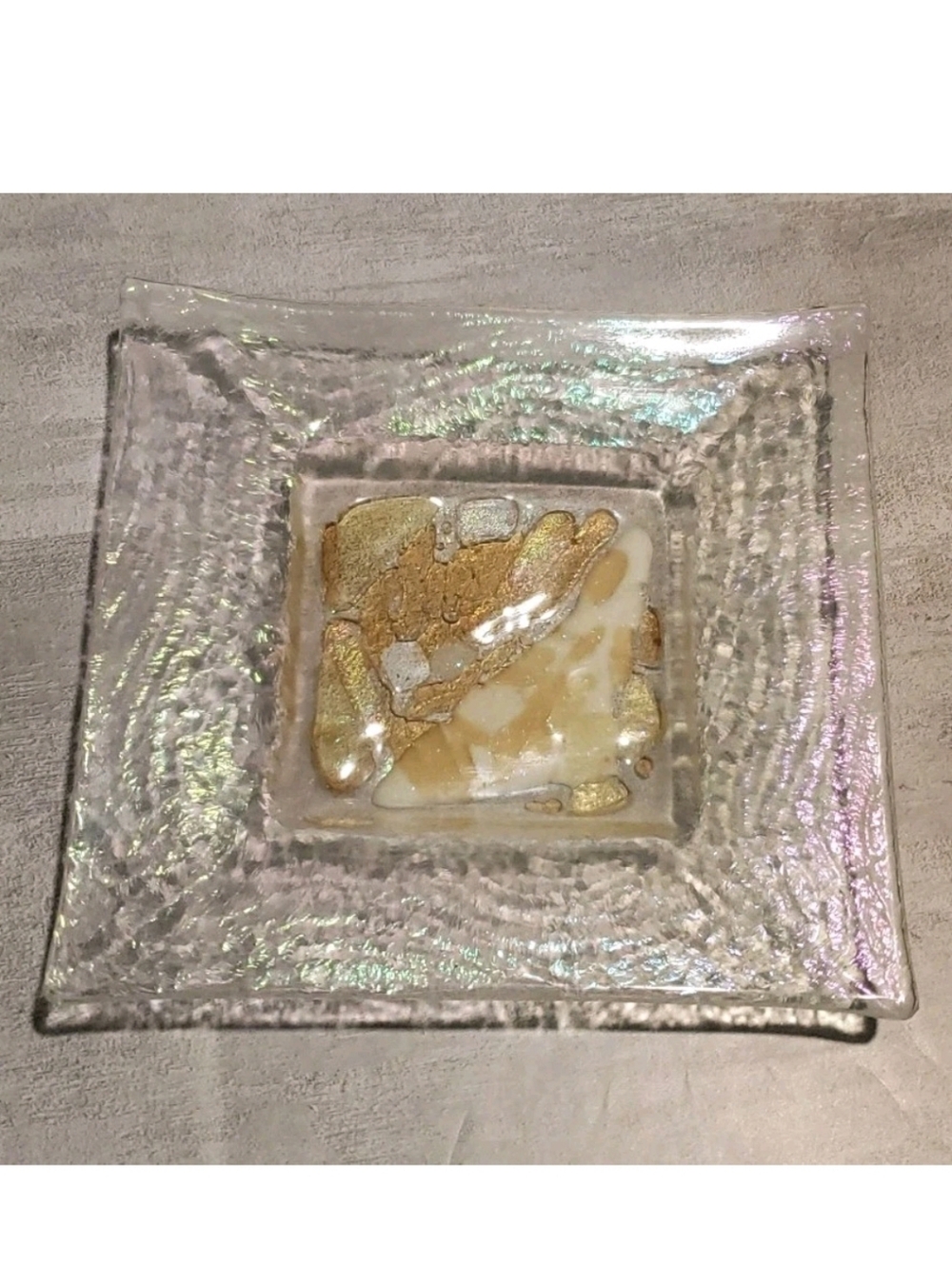 Fused Iridescent Glass Trinket Dish Decor Gold Shimmer